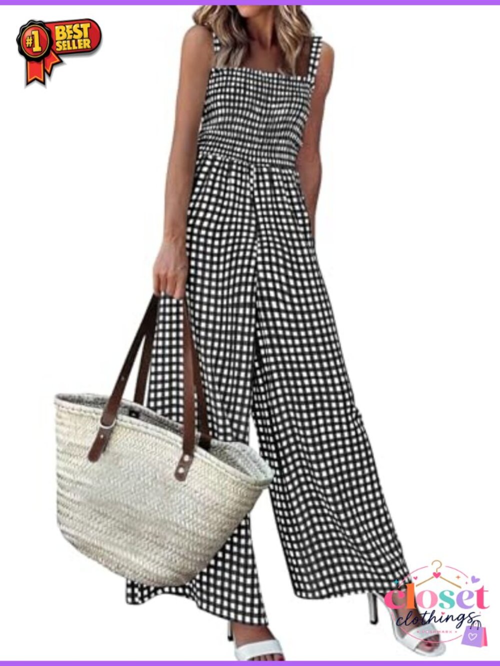 Womens Wide Leg Jumpsuit Smocked Bodice Square Neck Sleeveless Romper